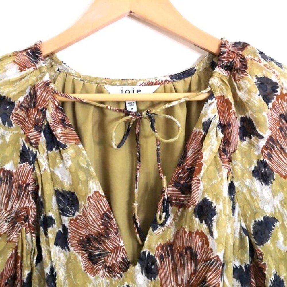 Like New Joie Silk Aminah Smocked Floral-Print Mini Dress In‎ Ecru Olive Size M - Picture 3 of 6